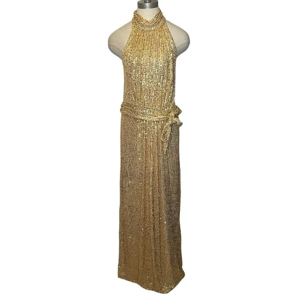 MAC DUGGAL Gold Champagne Sequin Halter Neck Belted Soft Tie Maxi Dress  Size 14